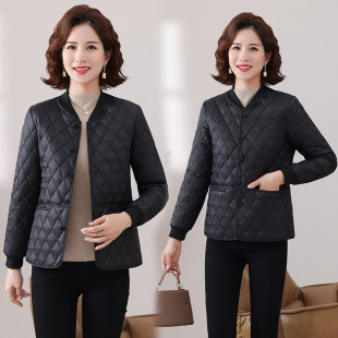 2024 Winter New Light and Thin Short Cotton-padded Jacket Mother Clothes Loose Collarless Cotton-padded Coat Casual Rhombic Jacket Cotton-padded Coat