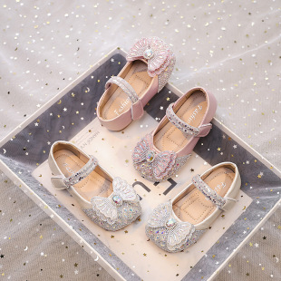 Girls' Shoes Bow Princess Shoes 2025 Spring and Autum New Kidsren's Shiny Rhinestone Small Leather Shoes Autum Baby Shoes