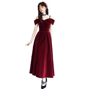 Red Strap Dress for Brides, Hong Kong Style Wedding Homecoming Elegant Strap Evening Dress, Suitable for Women to Wear Casually