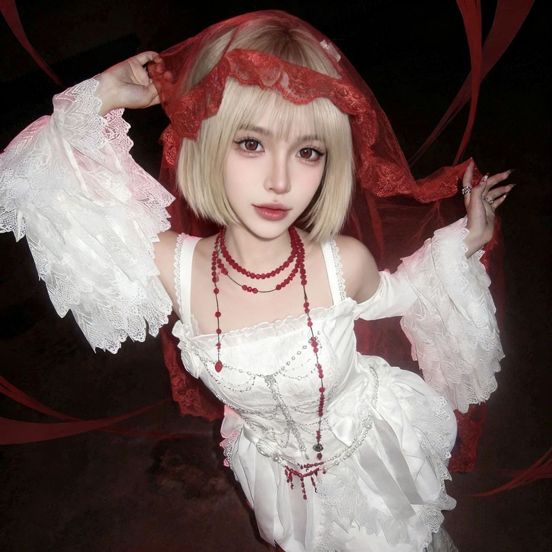 Halloween Cosplay Gothic Red Veil Revenge Bride Wedding Dress Xiuhe Lace Veil Subculture