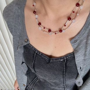 Blogger's Same Style Silver Tube Beaded Red and Black Agate Necklace Korean Style Ins Versatile Niche Design Necklace Clavicle Chain for Women