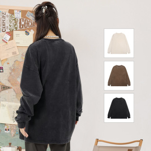 Retro distressed heavy fashion brand low shoulder long sleeve T-shirt women's all-match oversize European and American ins couple's base shirt