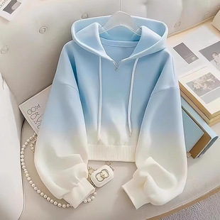 Dopamine ~ Blue Gradient Large Size Loose Hooded Sweatshirt Women's Korean Style Atmosphere Lazy Top Early Autumn