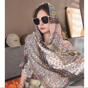 Yunnan Qinghai Tourism Silk Scarf Summer High Sense Women's Mid-length Outer Wearing Vintage Ethnic Style Sunscreen Buckle Shawl