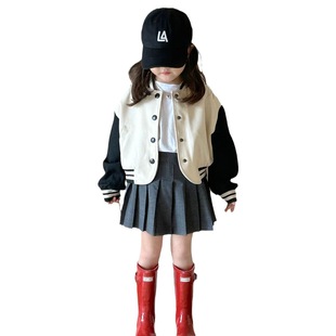 2023 autumn new children's clothing South Korea children's clothing girls' color matching round neck baseball uniform fashion autumn coat