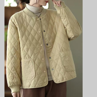Winter New Retro Round Neck Quilted Baseball Jacket Women's Casual Loose Slimming Look Warm Cotton Outwear