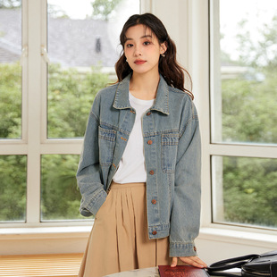 Denim coat for women light blue 2023 Autumn New Korean style retro small loose pocket design jacket