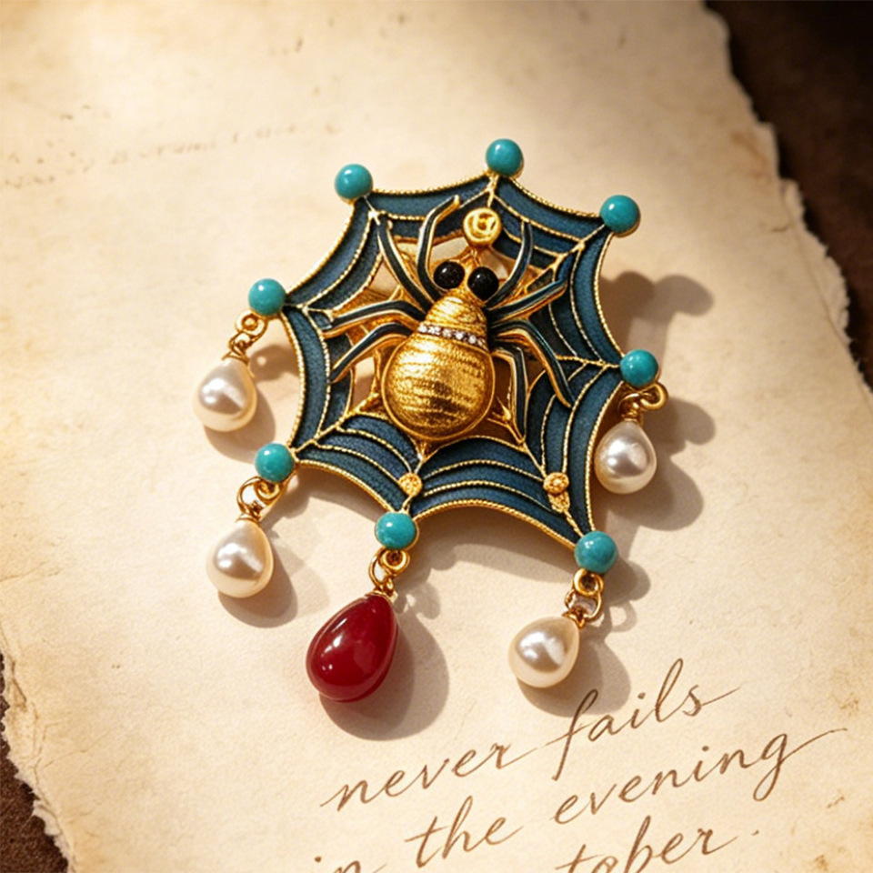 Spider Brooch for Good Fortune, Imitation Enamel Spider Brooch, Chinese Style Vintage Animal Light Luxury Suit Anti-Exposure Pin Wholesale