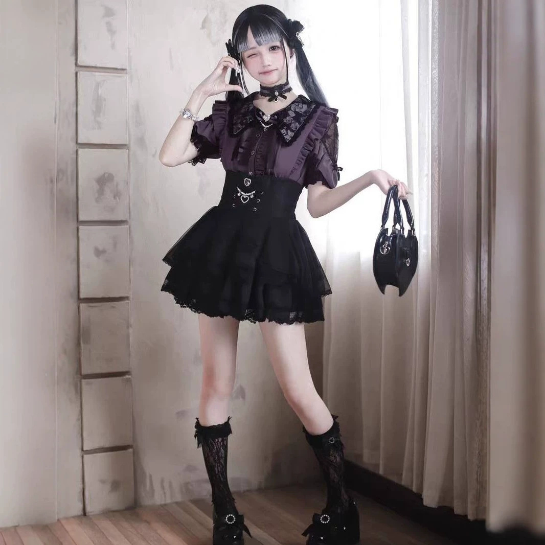 Dreamy Love Song Japanese Subculture Sweet Girl Lace Patchwork Short-Sleeve Shirt + High-Waisted Slimming Skirt Set