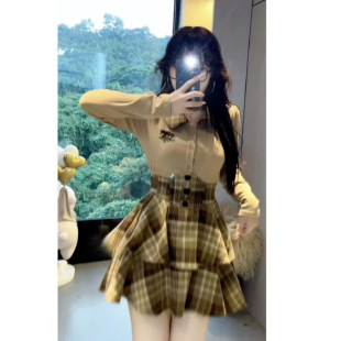 Plus Size Fat mm Pure Lust Style Jk Uniform Suit Women's Autumn and Winter Waist-Cinching Puffy Skirt Slimming Look Shirt Top Two-Piece Set