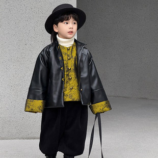 Children's Chinese suit 2024 Winter New Yellow Stitching Collar Leather Chinese fleece-lined Tang Dress New Year
