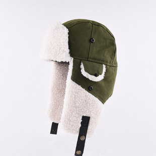 Stitching Lamb Plush Lei Feng Hat Men's and Women's Autumn and Winter fleece-lined Thickened Ear Protection Cotton Hat Cycling Cold-proof Flying Hat