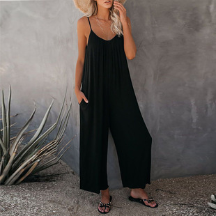 Amazon European and American Strap Jumpsuit Women's 2022 Summer New Cross-border Trade Solid Color Pocket Casual Jumpsuit