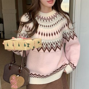 in stock real shot pink ~ fair island sweater women's winter retro contrast jacquard soft waxy padded sweater top