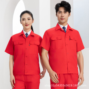 Cotton Summer Buttons Summer Short-sleeved Work Clothes suit Lightweight Sweat-absorbent Workshop Breathable Auto Repair Work Clothing Top
