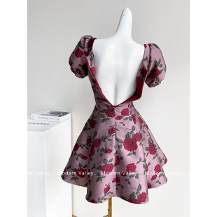 Sweet French Style Vintage Puff Sleeve Square Collar Jacquard Dress Women's 2023 New Elegant High Waist Princess Dress