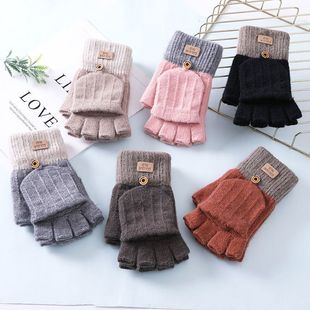 Half-Finger Flip-Up Gloves for Women in Winter, Cute Fleece-Lined to Prevent Cold and Heattech, Woolen Autumn and Winter Fingerless Half-Length Students Writing