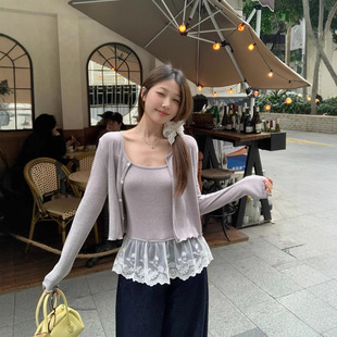 plus size 2025 Spring and Summer New Korean-style Slim-fit Slimming Lace Stitching Strap Cardigan Top Two-piece Set