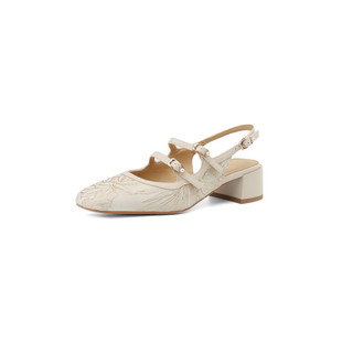 Summer New Chinese Style National Style Women's Shoes Leather Square Head Embroidered Baotou Sandals Women's Skirt Outer Wear Middle Heel Thick Heel