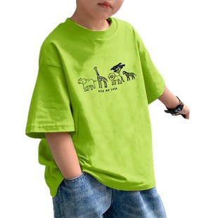 2586# Children's Children's Wear Boys' Summer Top Cotton Round Neck Half Sleeve T-Shirt Middle and Big Children's Cartoon Animal Summer Wear