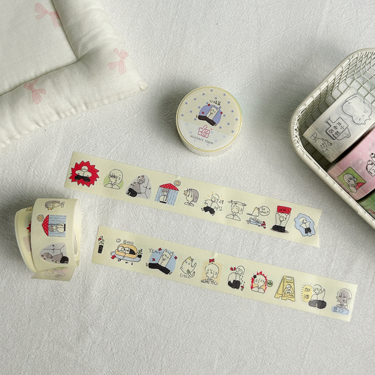 Waka Waka Emotion Diary Washi Tape Decorative Die-Cut Sticker Roll for Journaling - Cute Cartoon Daily Scenarios