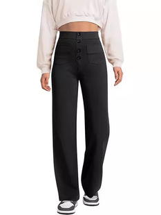 Women's straight leg pants, high belt, buttons, elastic, for business, work, multi-pocket break