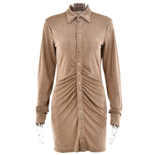 Solid Color Dress Women's Autumn New European and American Style Women's Sexy Long Sleeve Lapel Single-Breasted Cardigan Skirt
