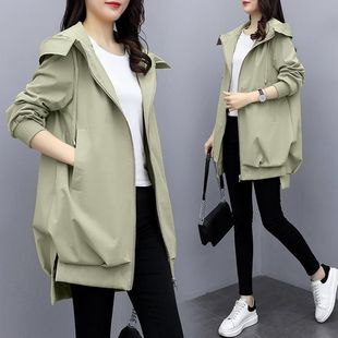 Non-lining 2023 Spring and Autumn Korean Khaki Loose Casual Hooded Coat Women's Mid-length Black Elegant Coat