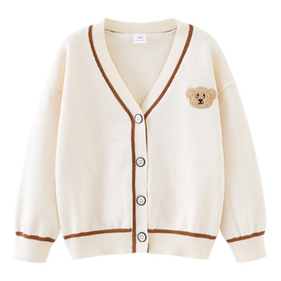 2024 spring and autumn bear embroidered V-neck contrast color children's knitted cardigan long sleeve cartoon boys' sweater coat