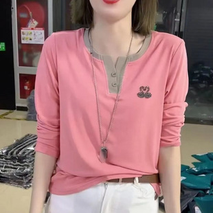 Long-sleeved T-shirt Women's 2024 Spring and Autumn New Middle-aged Mother Top plus size chubby girl Loose Slim Base Shirt