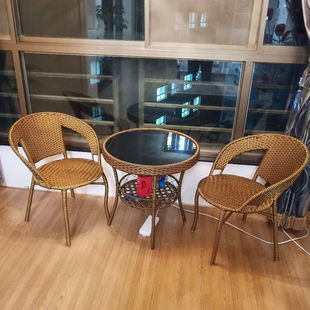 Rattan Chair Three-piece Balcony Table Chair Backrest Household Stool Courtyard Table and Chair suit Balcony Small Round Table Tea Roga