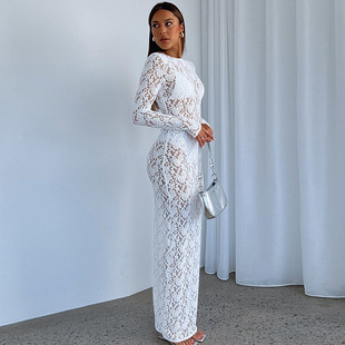 New hot selling women's clothing sexy hollow lace pattern perspective slim long dress