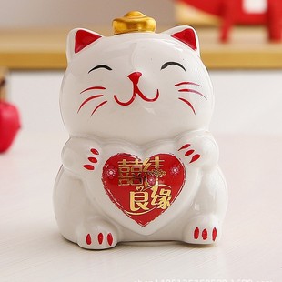 Ceramic Candy Box Lucky Cat Piggy Bank Ornaments Wedding Hand Gift Box Candy Box Painted Craft Finished Mori