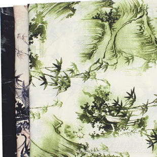 Broken card plain satin printed Chinese style ink bamboo chiffon printed cloth spring and summer skirt mosquito-proof pants cheongsam fabric