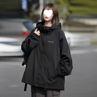 Black Charge Clothes Waterproof Windproof Coat Women's Spring and Autumn Loose All-match Hooded Vintage Work Clothes Trendy Coat