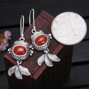 S925 sterling silver south red agate goldfish earrings long tassel women's earrings ethnic style artistic brocade carp earrings