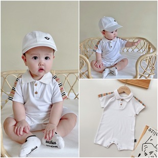 Baby children's clothing jumpsuit 2024 summer new baby boys and girls baby short-sleeved suit polo gentleman climbing suit tide