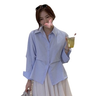 2023 Spring New Niche Design Sense Tight Waist Padded Shirt Women's Summer White Loose Top