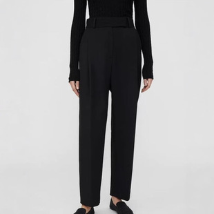 TT Women's Black Wool Loose High Waist Deep Pleated Suit Trousers