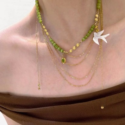 2026 New Model "Mountain Bird Collection" Niche High-End Fresh Style Collarbone Chain Olive Green Handmade Beaded Necklace