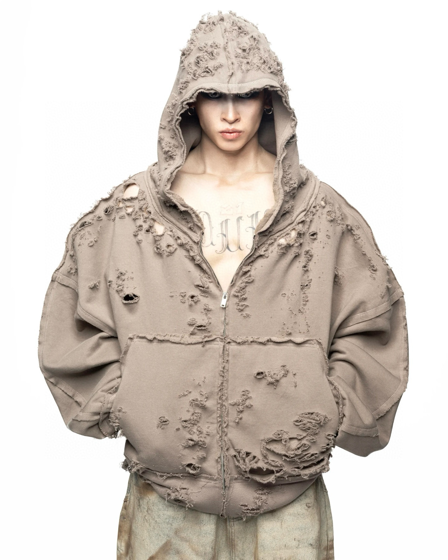 Latui Atelier Rose Park Caiying and Guan Xiaotong's Same Style Distressed Zipper Sweatshirt Distressed Jacket