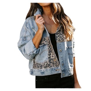 Cross-border New Amazon Independent Station Denim Jacket Women's Long Sleeve European and American Women's Jacket Women's Leopard Print Stitching Top