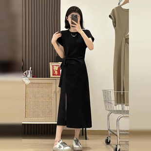 Hepburn Style Black T-shirt dress Children's Summer 2025 New Tea Break French High-end Long Dress for Small Men