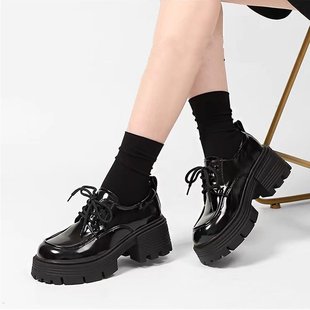 New Style Thick-soled Loafers Women's 2025 Spring Lace-up Thick Heel Black Leather Shoes All-match British-style Simple Single-layer Shoes