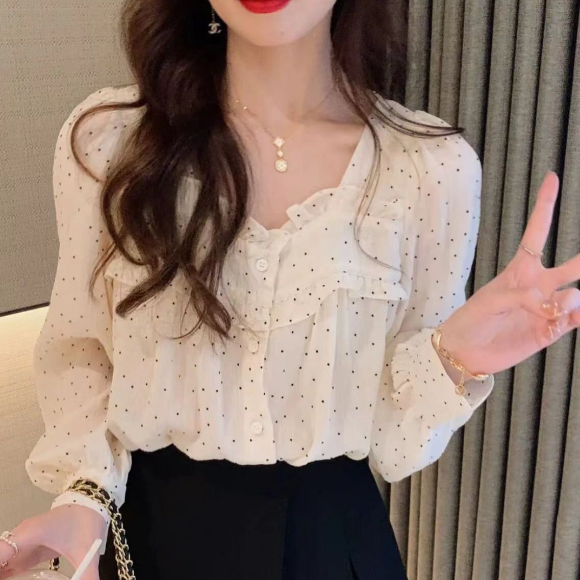 2024 spring small wave point wood ear top small fresh sweet lady chiffon shirt shirt long sleeve spot