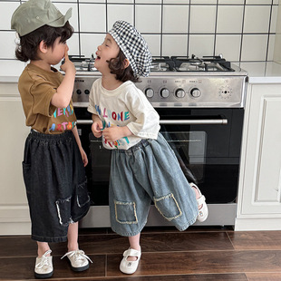 Jiaye Children's 2025 Children's Summer New Patch Jeans Baby Boys and Girls Loose Straight Pants Capri Pants