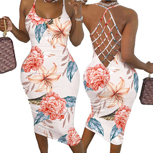 Amazon cross-border European and American explosions women's 2022 summer fashion hanging neck backless waist foreign trade printing dress