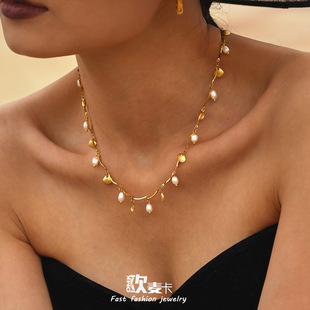 Omega Gold Small Shell Freshwater Pearl Necklace Ins Style Creative Design Stainless Steel European and American Fashion Jewelry