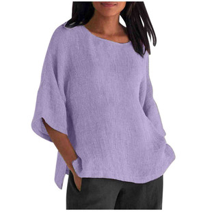 Same day delivery 2024wisheaby Amazon new foreign trade women's seven-point sleeve round neck cotton and linen shirt jacket