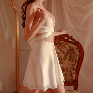 2022 sexy nightdress backless lace Ice Silk summer women's strap nightdress hollow out with necklace 201 suit